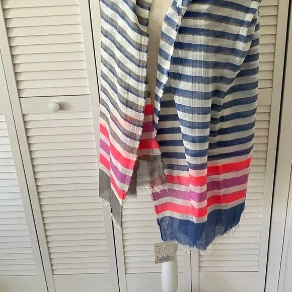 Lightweight Striped Cotton-Blend Scarf in Blue & White with Pink & Red Accents - Picture 2 of 6